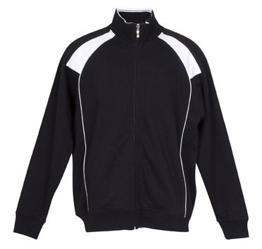 Black track jacket with white shoulder panels and contrast piping detail, full zip front
