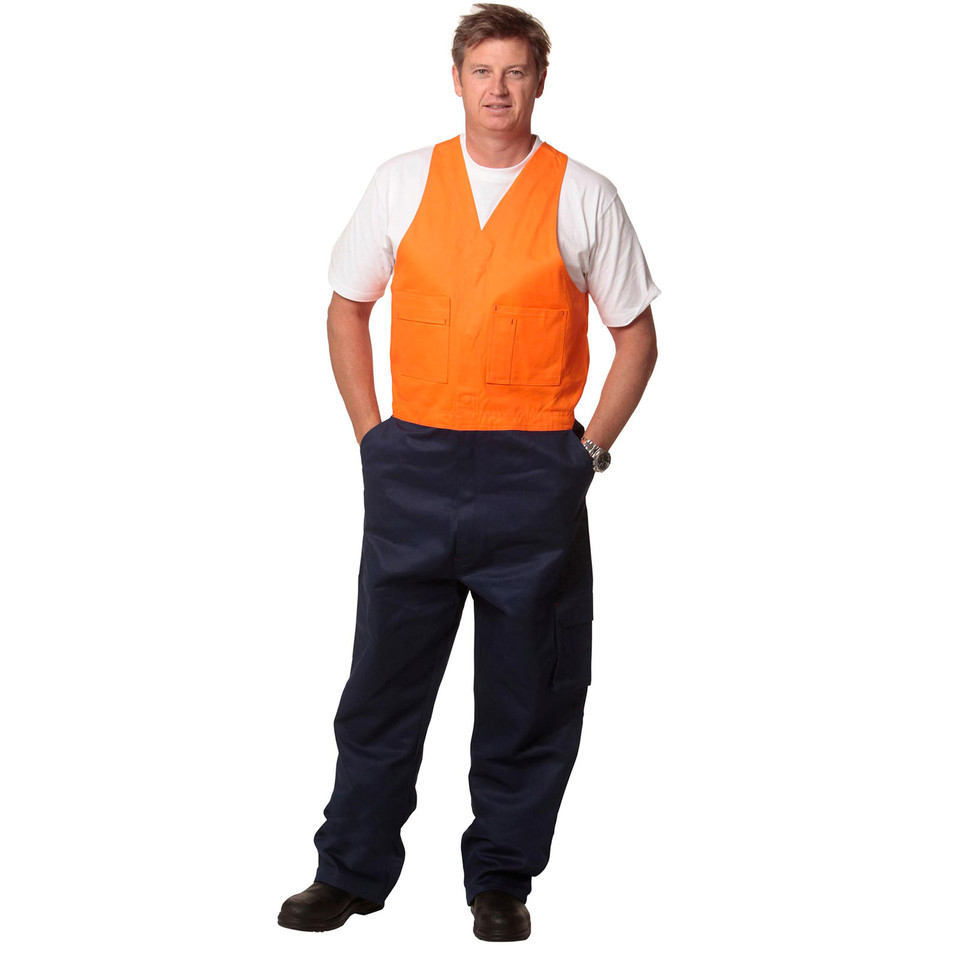 High visibility orange action back vest worn with navy work trousers featuring cargo pockets