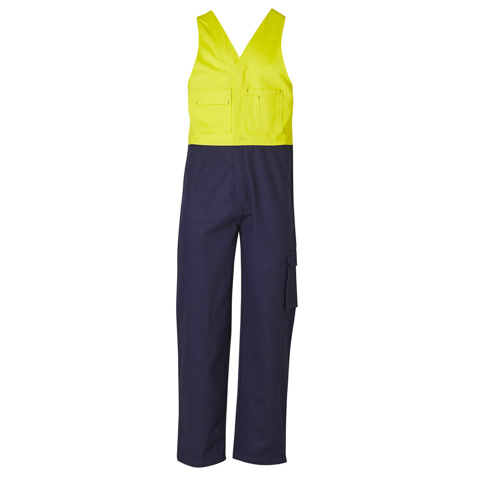 High visibility action back overalls with safety yellow upper panel and navy lower section featuring chest pockets