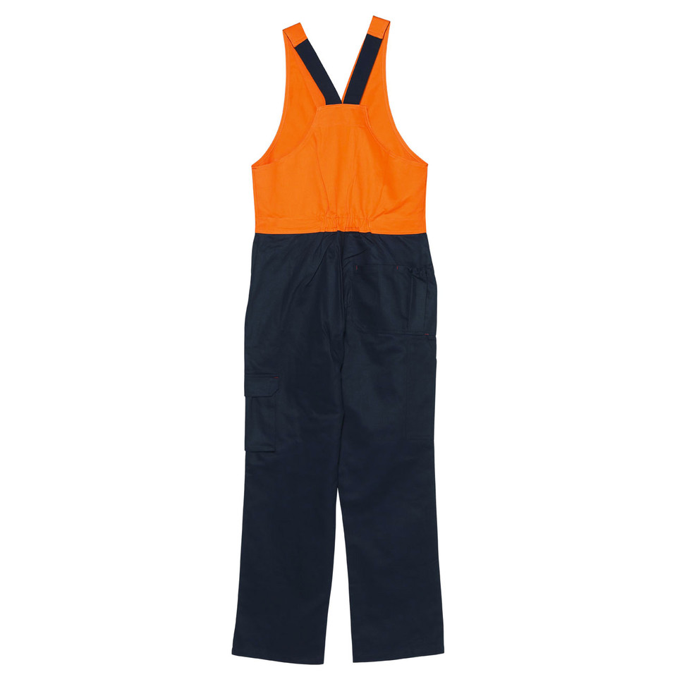 Hi-vis orange and navy action back work overalls with contrast straps and colour-blocked upper panel