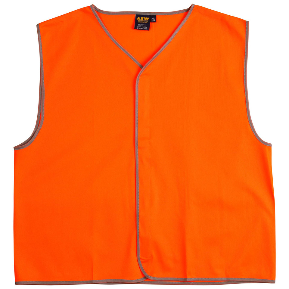 Fluorescent orange sleeveless safety vest with grey trim edging and V-neckline, flat lay packshot