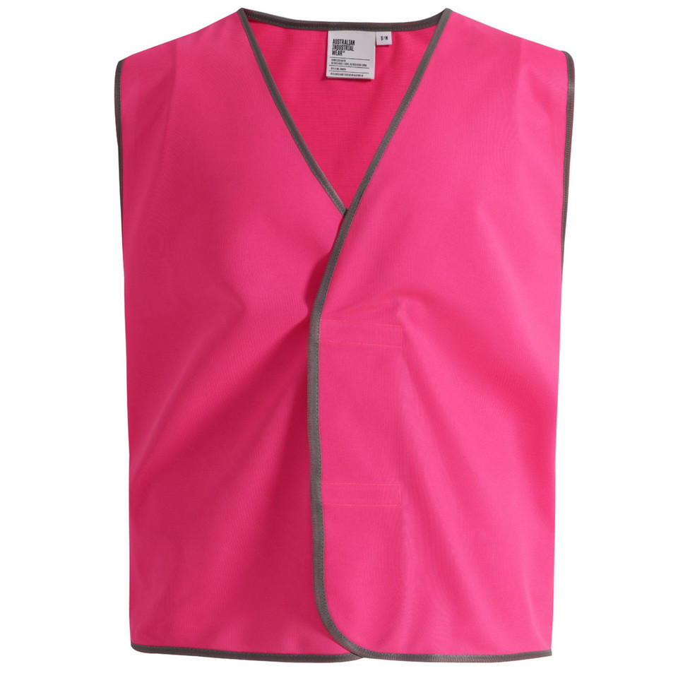 Hot pink sleeveless safety vest with grey contrast binding trim, V-neckline, flat front panel, packshot