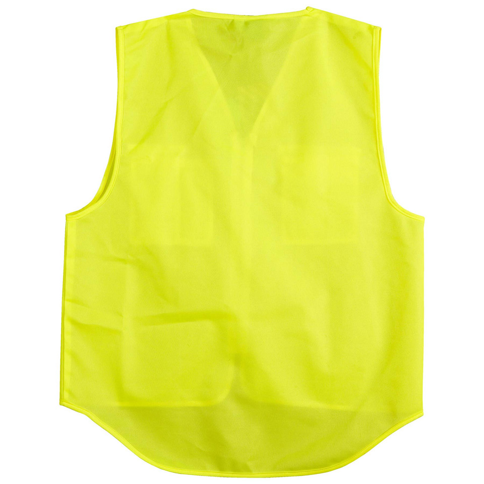 Hi-vis yellow safety vest with V-neckline and curved hem, back view showing smooth panel surface