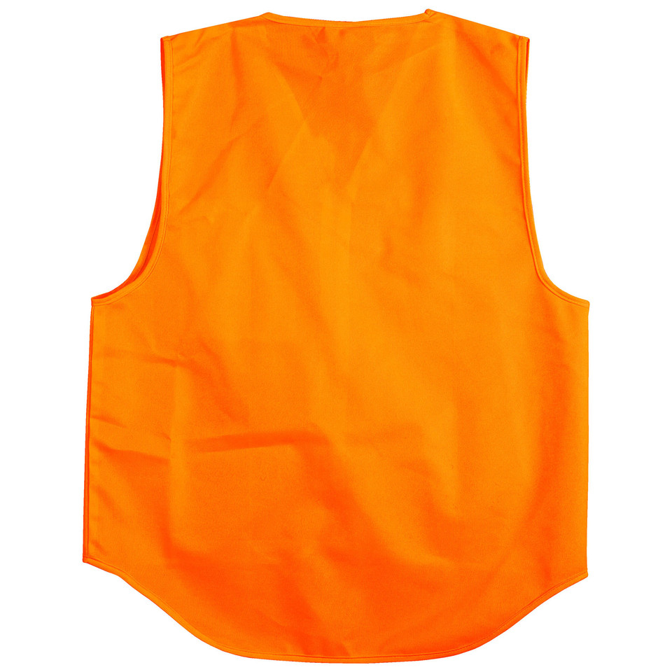 High visibility orange safety vest with zipper front and chest pocket, back view flat lay