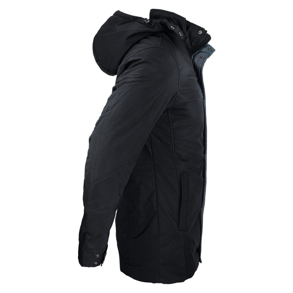 Black water-resistant jacket with detachable hood and light padding, side angle view