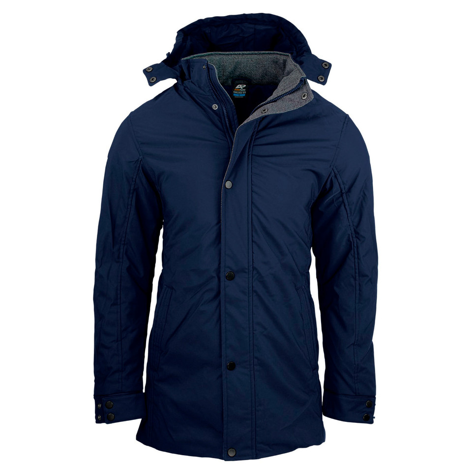 Navy water-resistant parka jacket with removable hood and snap button front closure