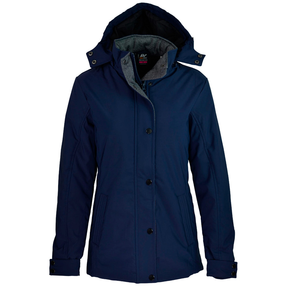 Navy blue ladies waterproof jacket with detachable hood and contrasting grey inner lining