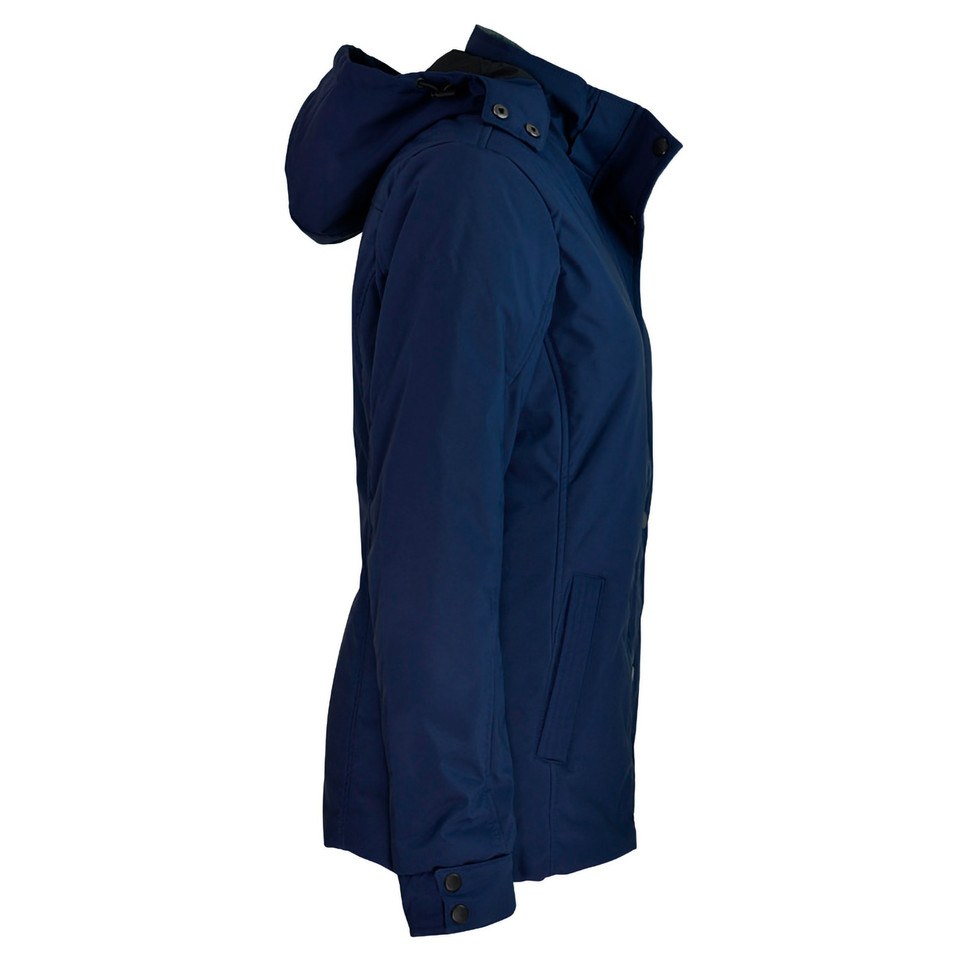 Navy blue hooded waterproof jacket with buttoned collar detail and adjustable cuffs shown in side profile
