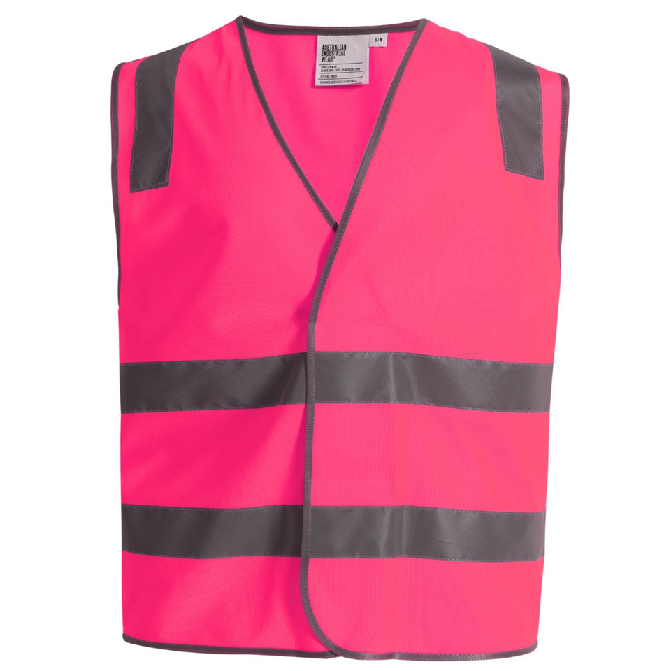Hot pink hi-vis safety vest with grey reflective shoulder tape and horizontal stripes, V-neck opening