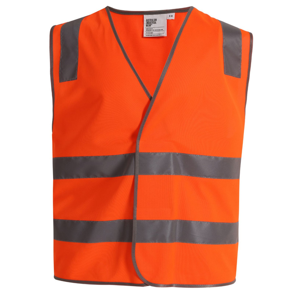 Fluorescent orange hi-vis safety vest with horizontal silver reflective tape and shoulder panels