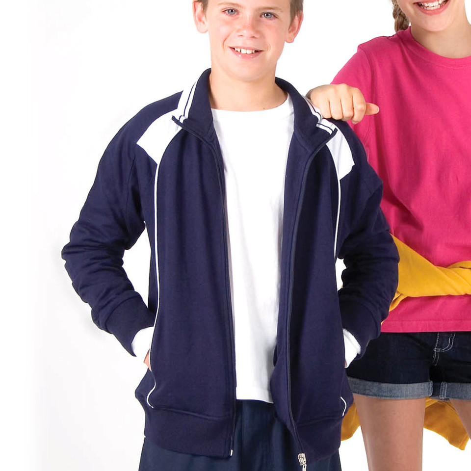 Navy zip-up track jacket with white contrast panels on shoulders and white zipper detail