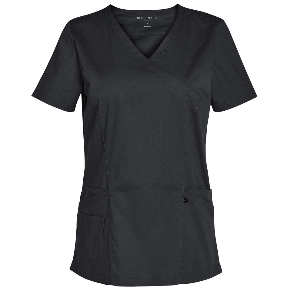 Charcoal grey medical scrub top with V-neckline, short sleeves, and dual front pockets with tonal tab detail