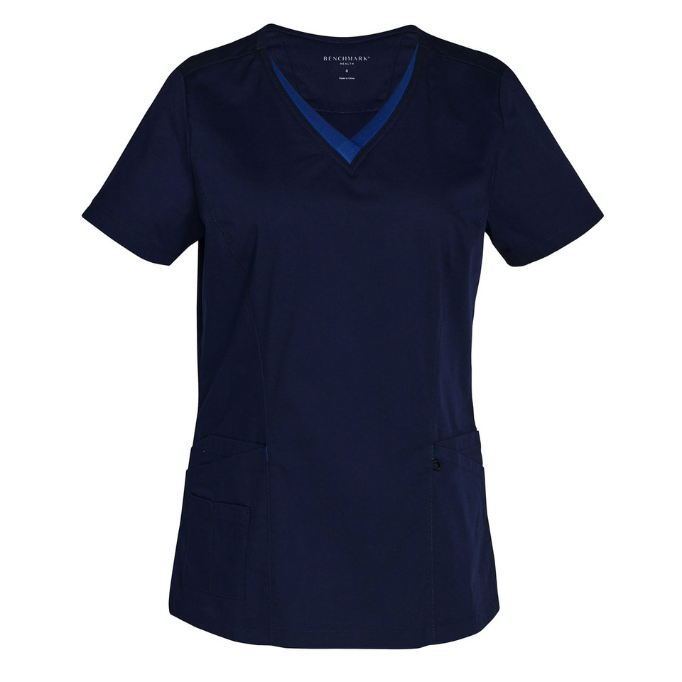 Navy v-neck scrub top with royal blue contrast trim and front pockets