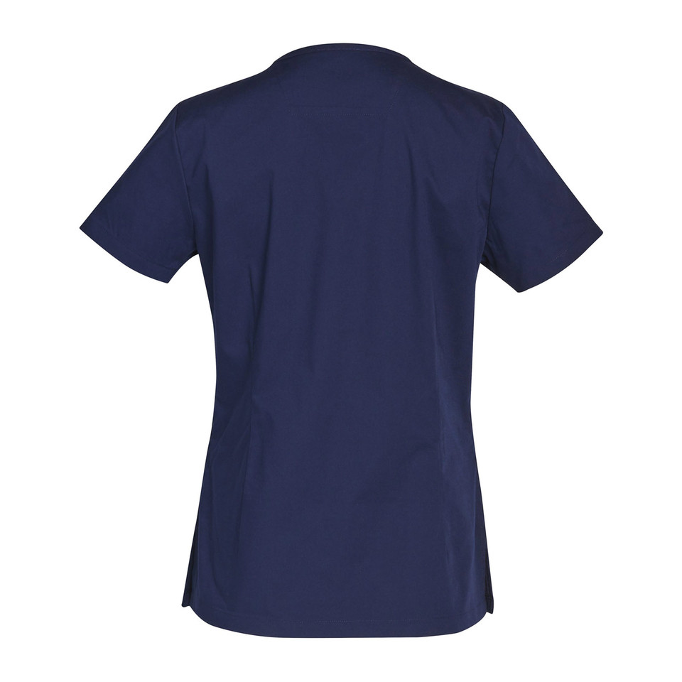 Navy V-neck scrub top with short sleeves and curved hem, back view showing smooth flat panel