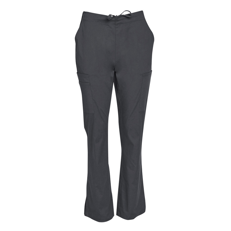 Charcoal grey flared leg scrub pants with drawstring waist and front pockets