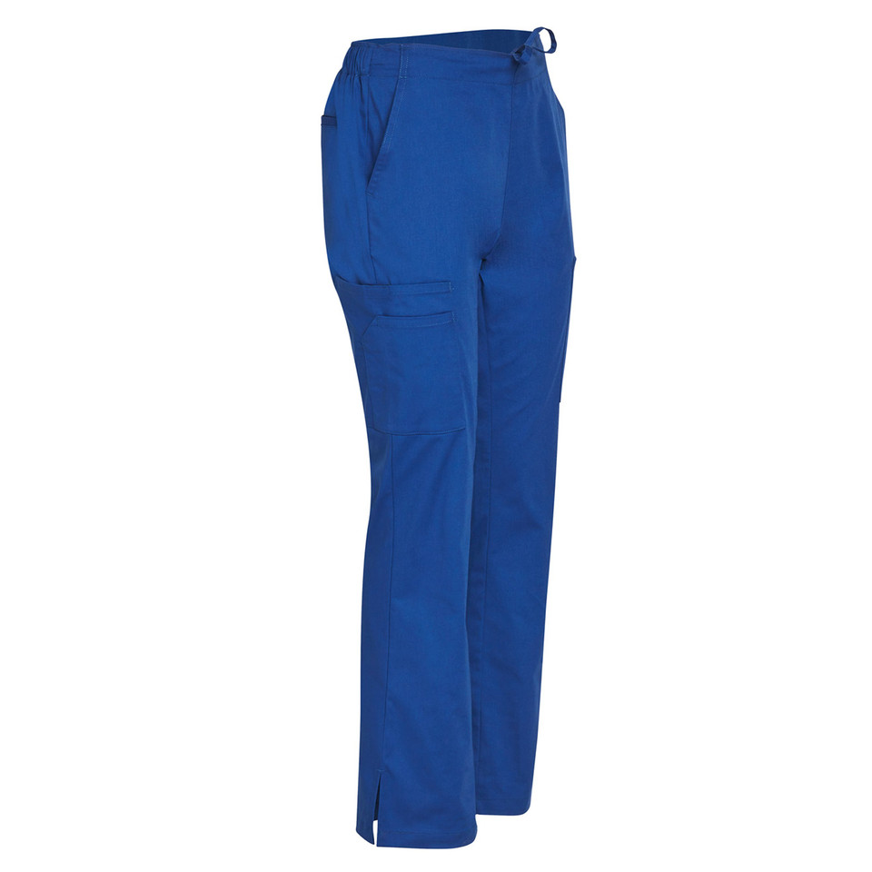 Royal blue ladies scrub pants with cargo pocket and belt loop detail, side view