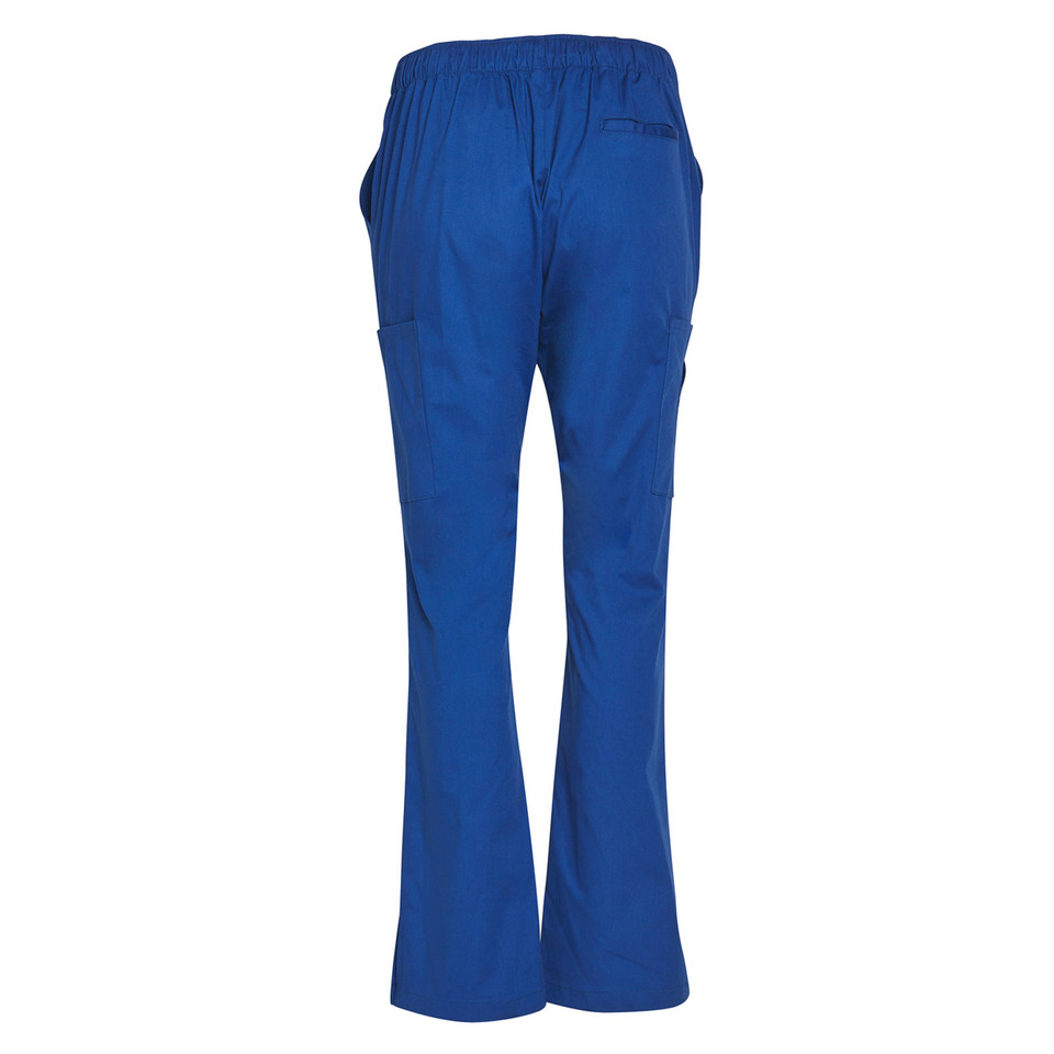 Royal blue ladies scrub pants with elastic waistband and back pockets, rear view showing bootleg styling