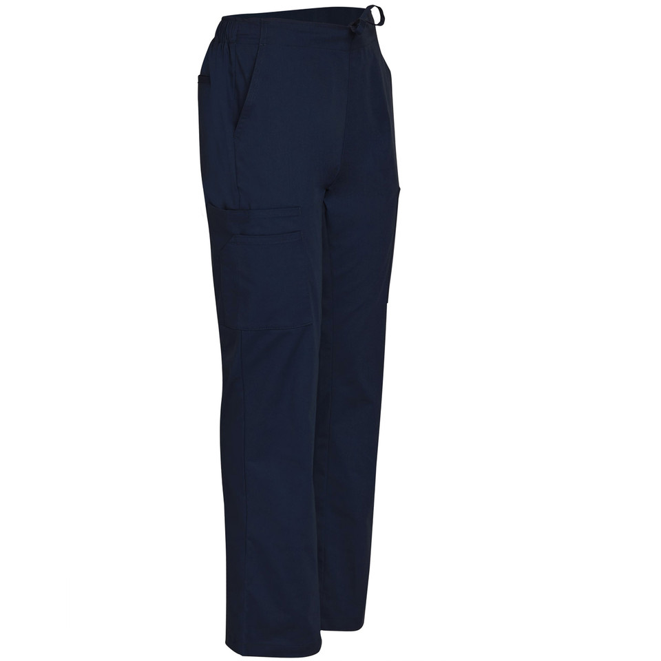 Navy TrueDry stretch scrub pants with elastic waistband and cargo pocket on side seam