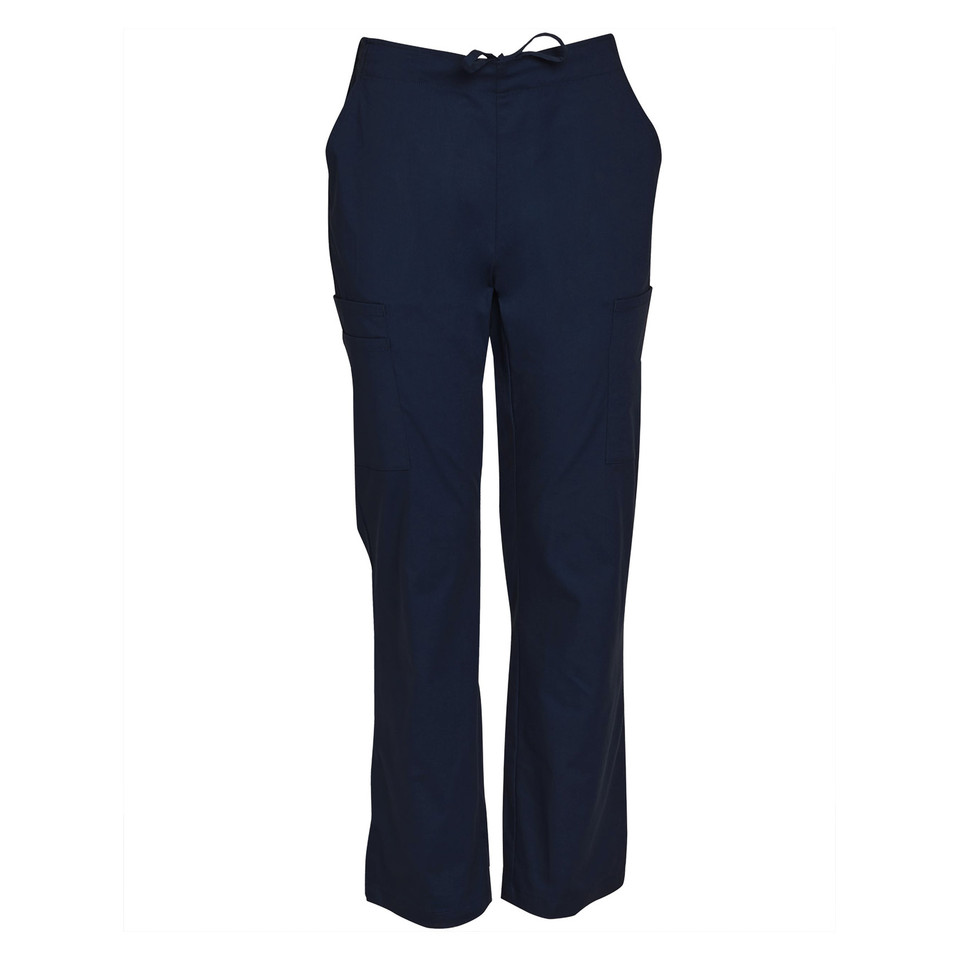 Navy scrub pants with drawstring waistband and relaxed straight leg fit
