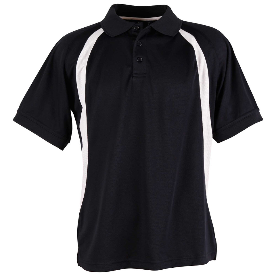 Black CoolDry mesh polo with white contrast panels along shoulders and sides