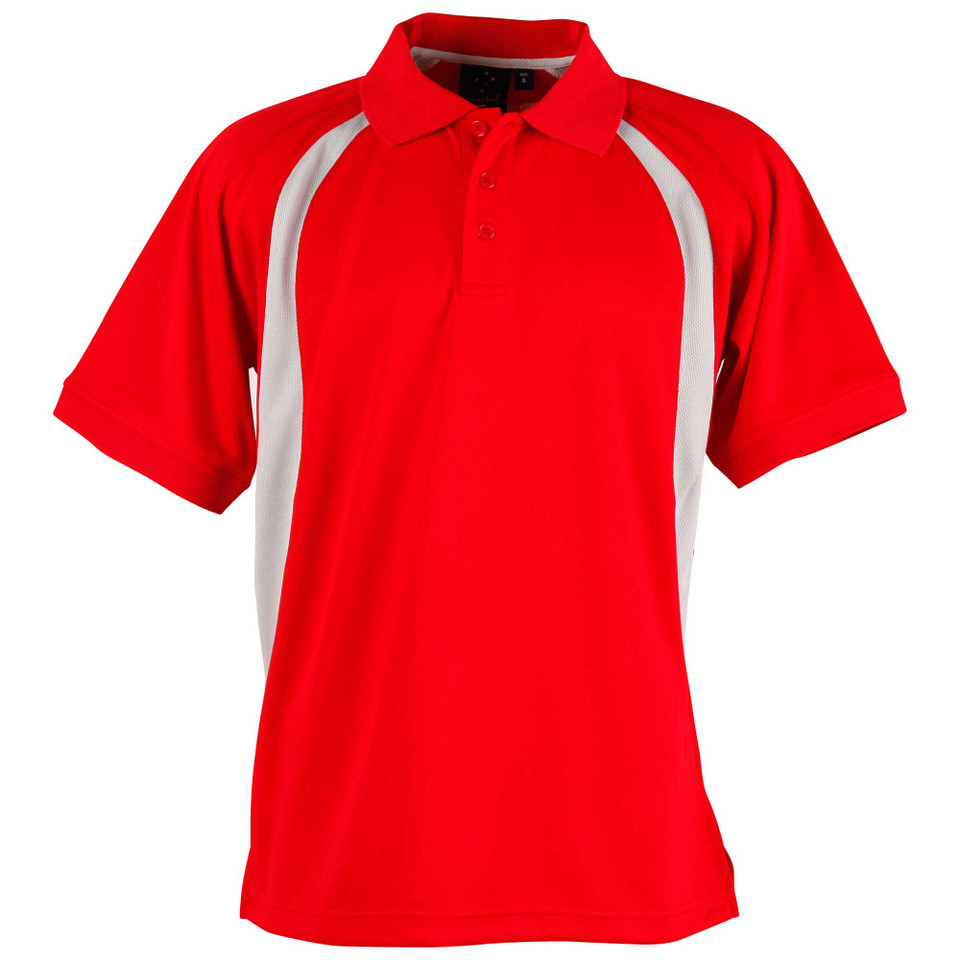 Bright red polo shirt with white and charcoal contrast panels along raglan sleeves and side seams
