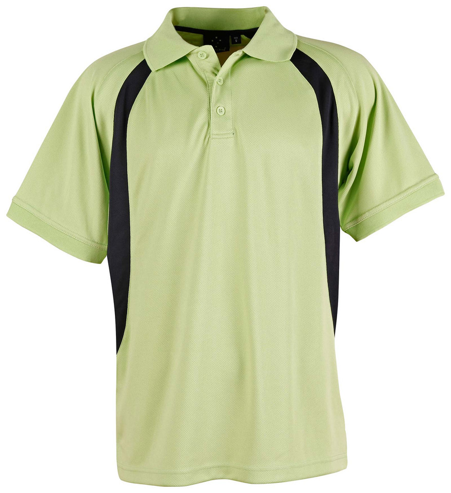 Lime green polo shirt with black contrast panels down the sides and collar detail