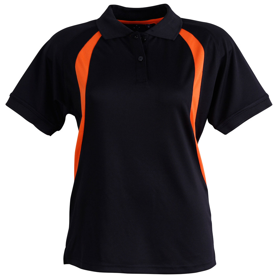 Black polo shirt with vibrant orange contrast panels on shoulders and sides, featuring mesh fabric construction