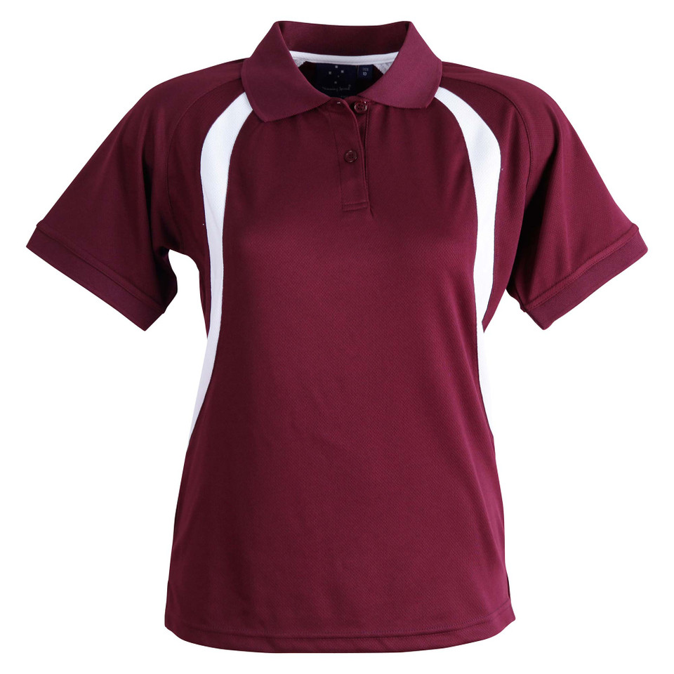 Maroon+White Thunder Ladies Cooldry Mesh Contrast Polo Shirt, a quick-dry, moisture-wicking top with breathable mesh panels, ideal for team uniforms or active workwear.
