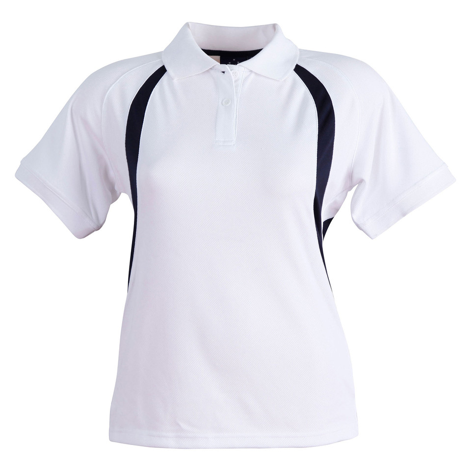 White+Navy Thunder Ladies Cooldry Mesh Contrast Polo Shirt, a quick-dry, moisture-wicking top with breathable mesh panels, ideal for team uniforms or active workwear.