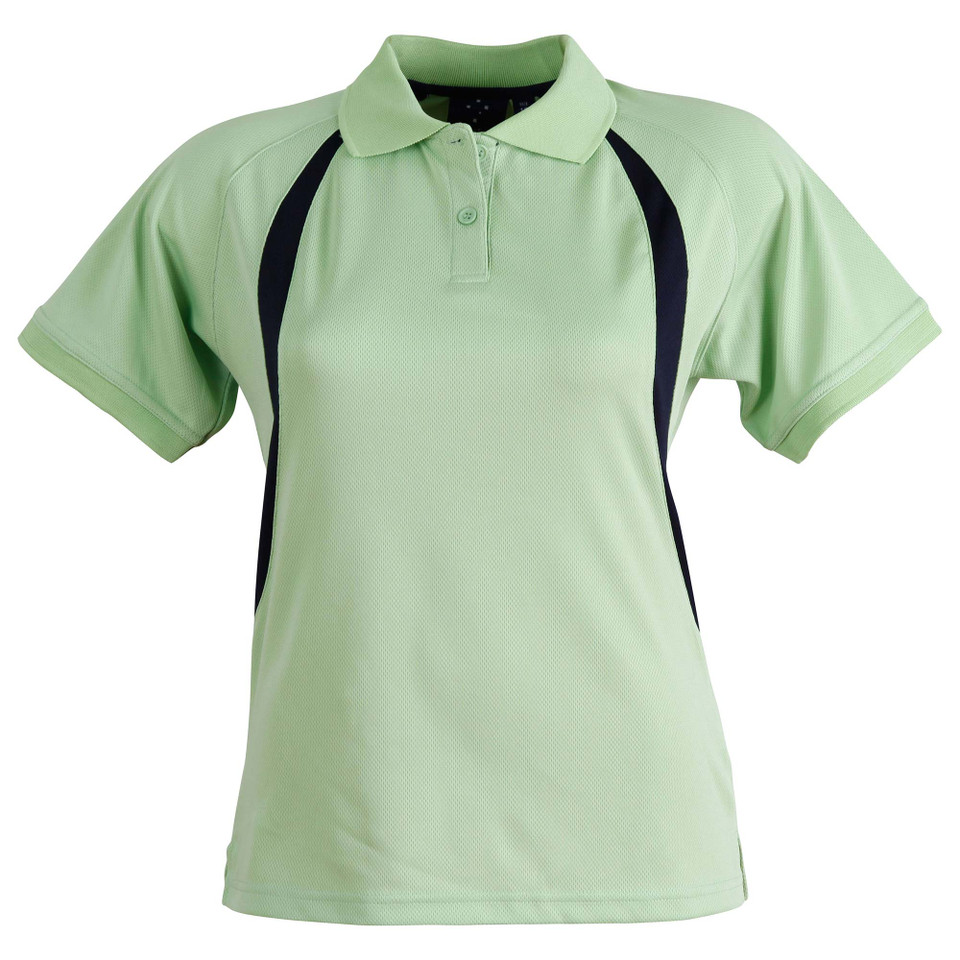 Mint green ladies polo shirt with black contrast side panels and matching collar