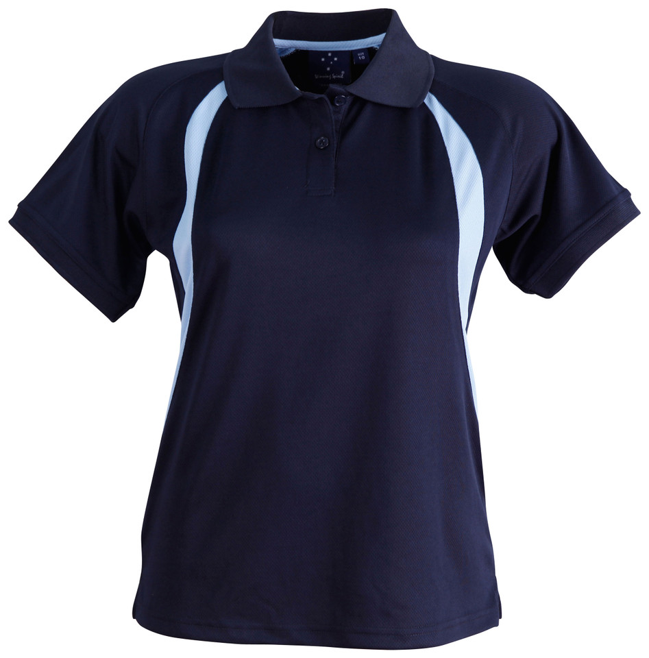 Ladies navy polo shirt with sky blue contrast side panels and collar in breathable CoolDry mesh fabric