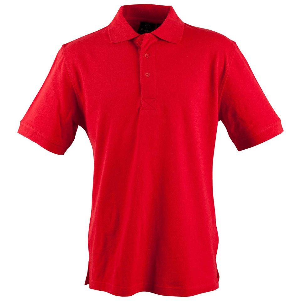 Bright red cotton knit polo shirt with collar and three-button placket, short sleeves