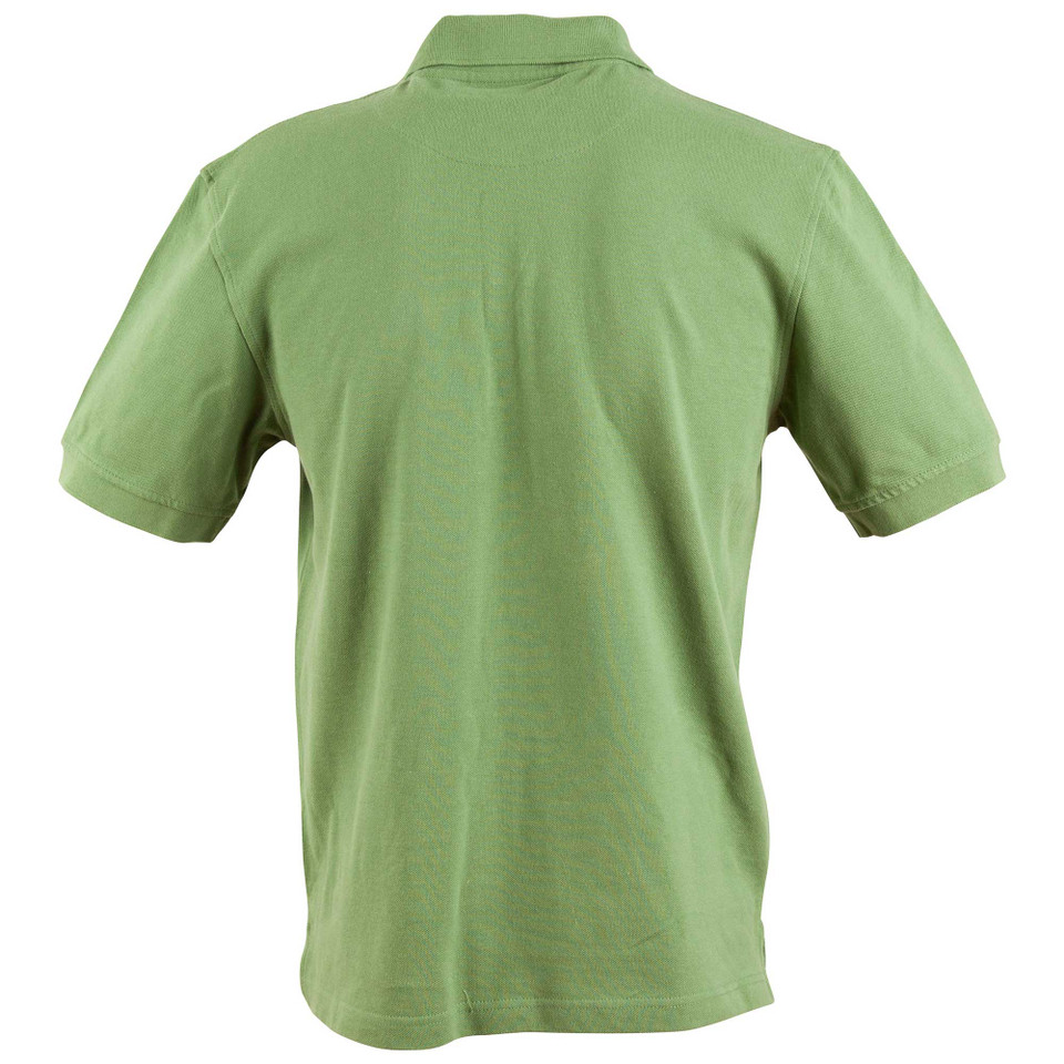 Sage green cotton polo shirt back view showing flat knit construction and short sleeves with ribbed collar
