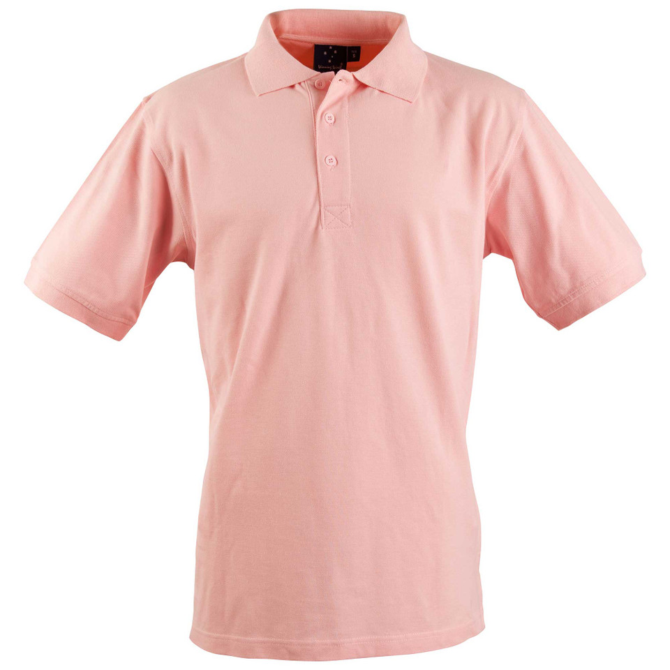 Light pink cotton polo shirt with ribbed collar and three-button placket