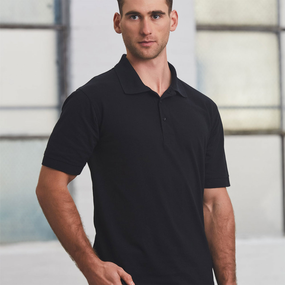 Black short sleeve cotton polo shirt with classic collar and button placket on male model