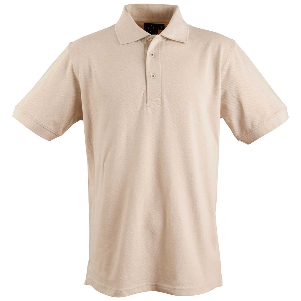 Sand beige cotton knit polo shirt with collar and three-button placket