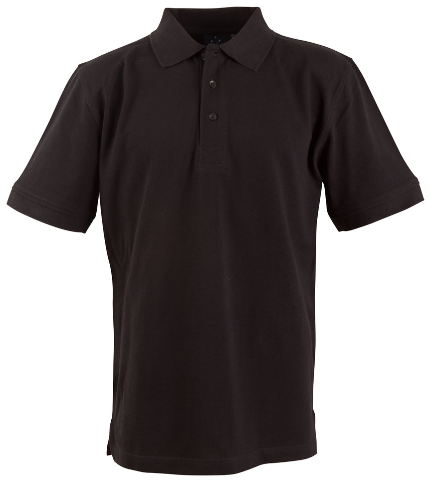 Black short sleeve polo shirt with flat collar and three-button placket in cotton knit fabric