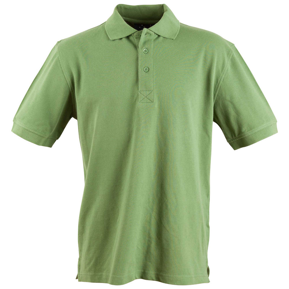 Sage green cotton polo shirt with three-button placket and short sleeves on white background