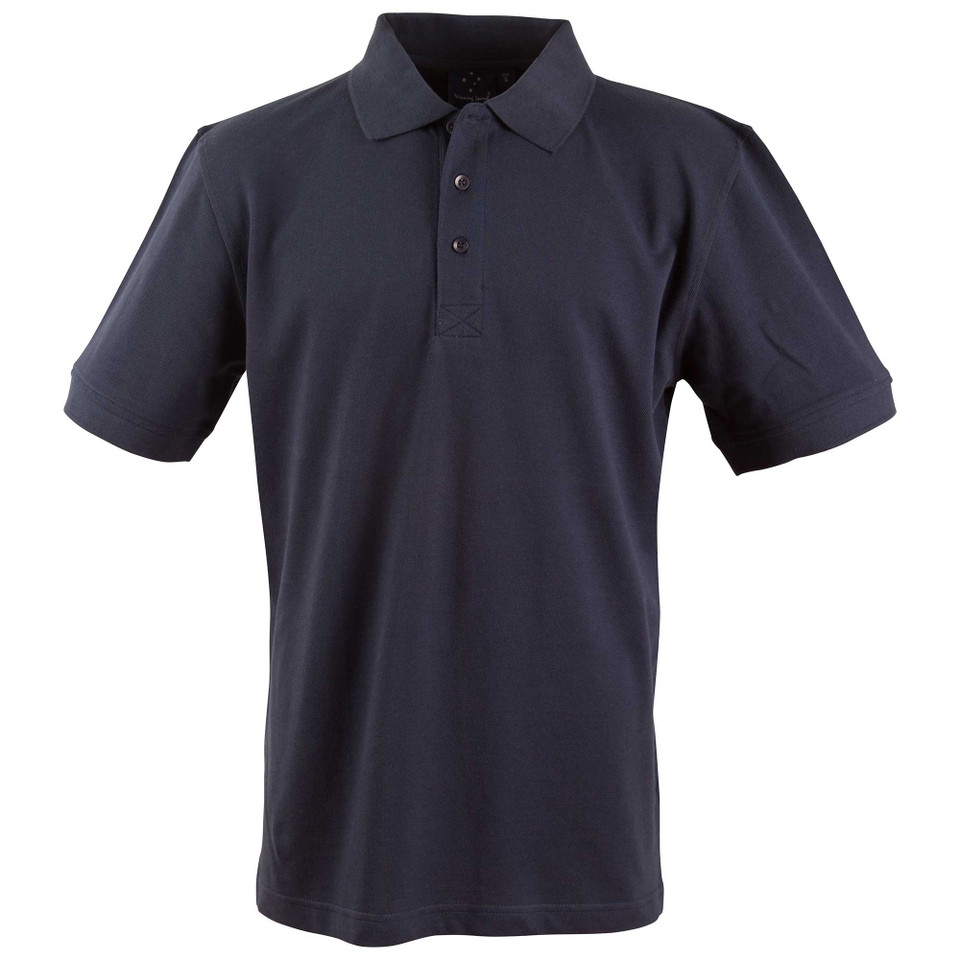Navy blue cotton knit polo shirt with collar and three-button placket
