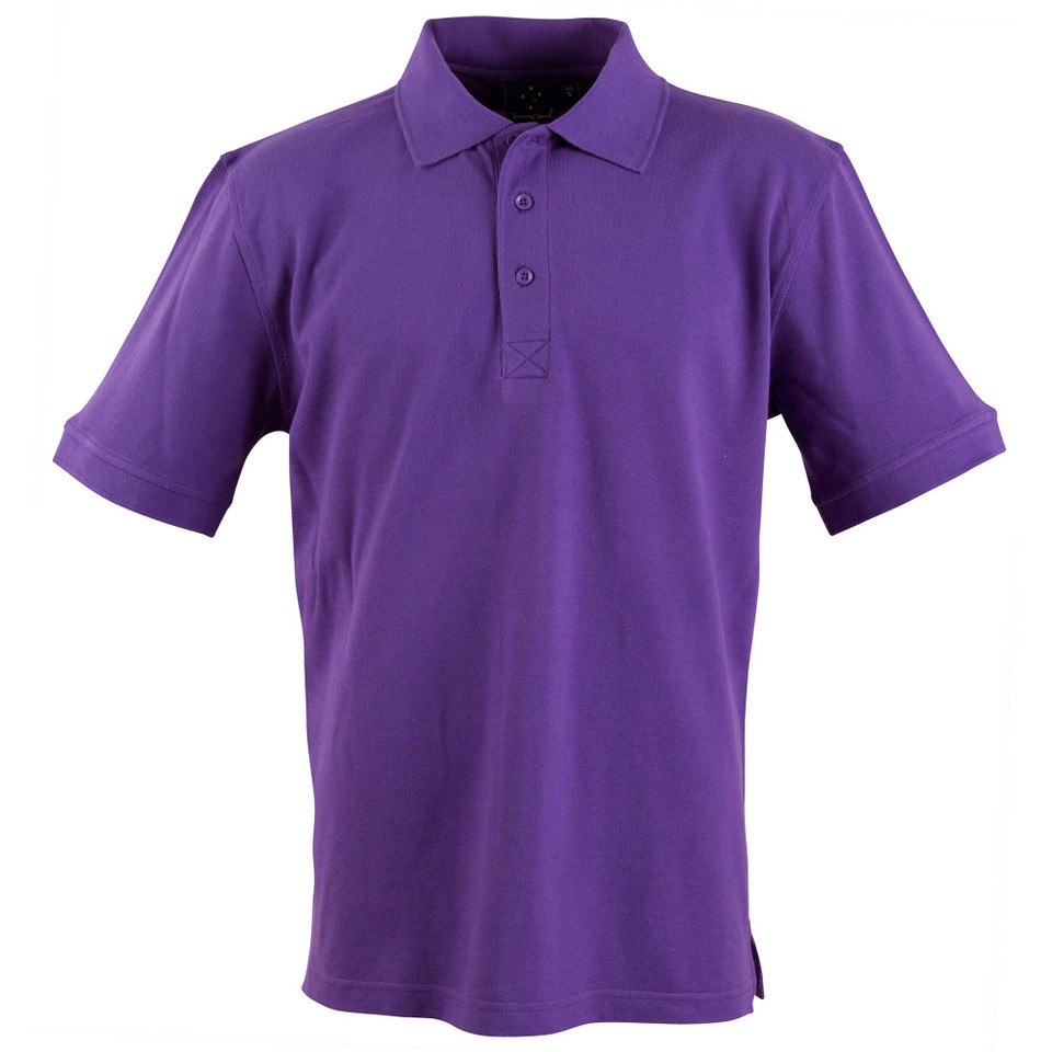 Purple cotton knit polo shirt with three-button placket and collar, short sleeves with cuffed detail