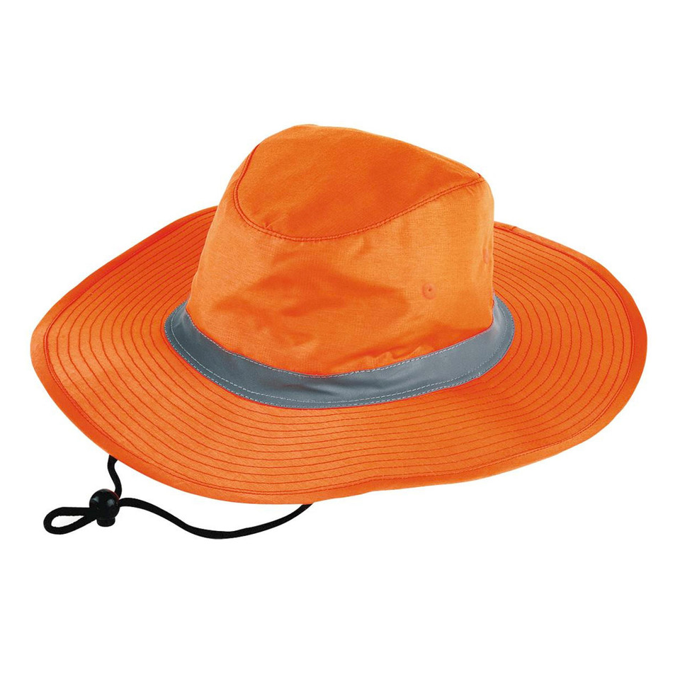 Hi vis orange wide-brim work hat with grey reflective band and adjustable chin cord