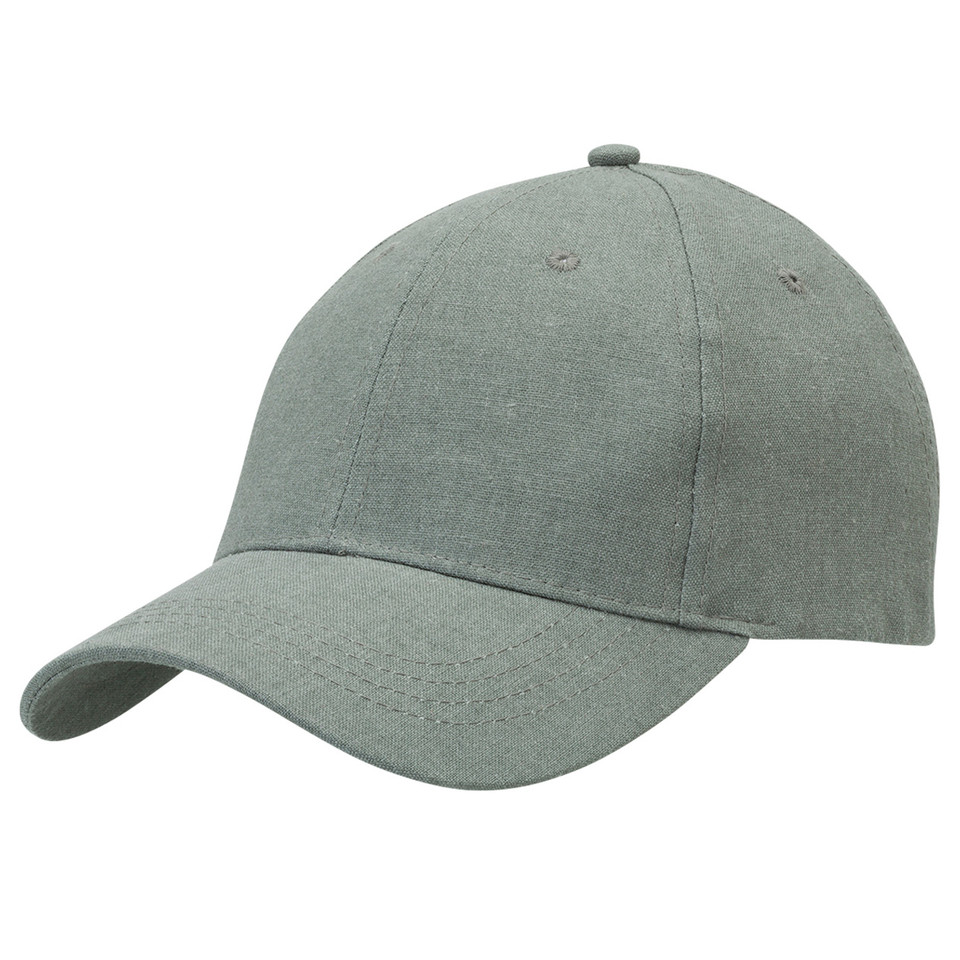 Sage green hemp-cotton baseball cap with structured six-panel crown and curved brim