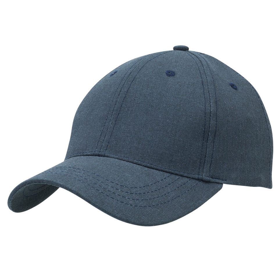 Slate blue structured six-panel baseball cap with curved brim and matching eyelets