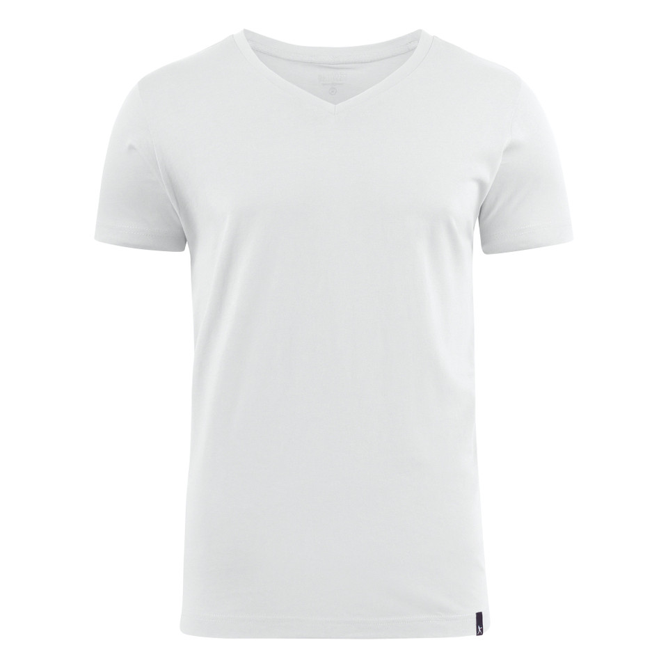 White v-neck t-shirt with short sleeves and smooth cotton construction ideal for decoration