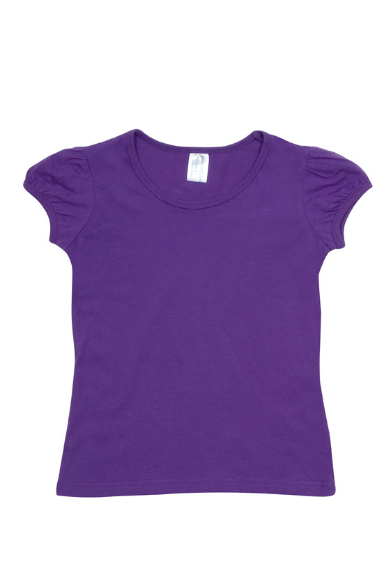 Purple girls t-shirt with gathered puff sleeves and round neckline on white background