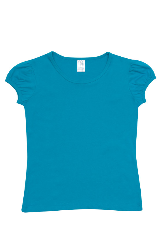Turquoise Plain FELICITY girls' short-sleeve T-shirt with puff sleeves, made from soft, smooth 100% combed cotton jersey, ideal for babies, kids, and screen printing.