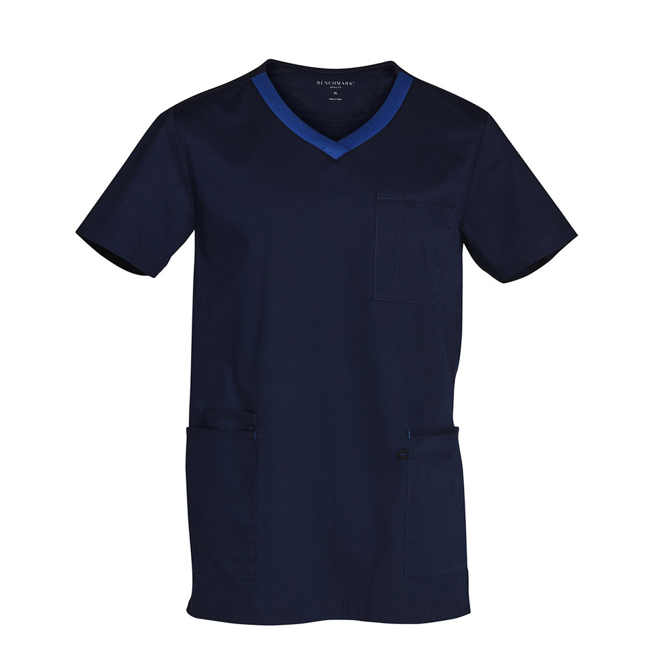 Navy scrub top with royal blue contrast v-neck trim and chest pocket