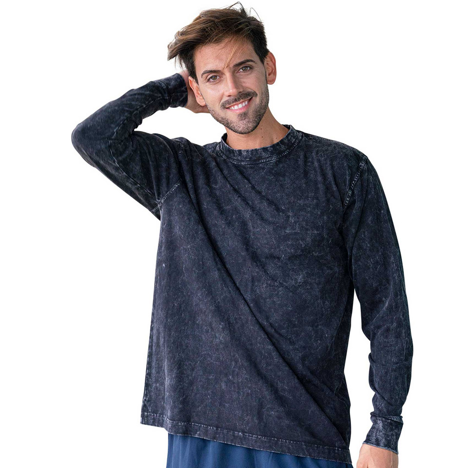 Charcoal stone washed long sleeve cotton tee with mineral wash finish and crew neckline