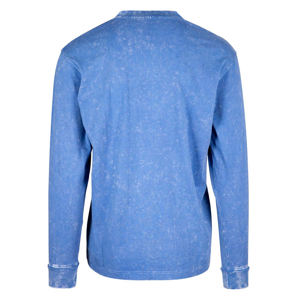 Sky blue stone washed long sleeve cotton tee with distressed finish shown from back