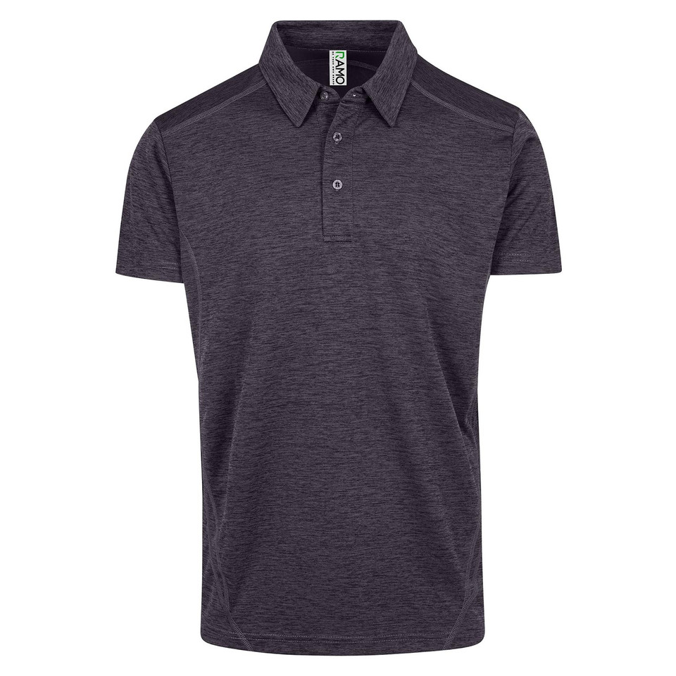 Charcoal marl short-sleeve polo shirt with three-button placket and tonal shoulder stitching detail
